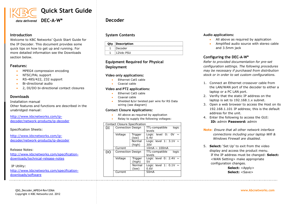 KBC Networks MPEG-4 Decoder User Manual | 2 pages