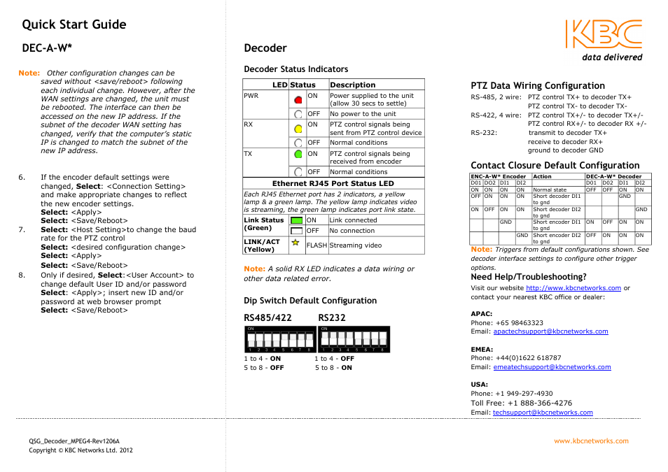 Quick start guide, Dec-a-w, Decoder | KBC Networks MPEG-4 Decoder User Manual | Page 2 / 2