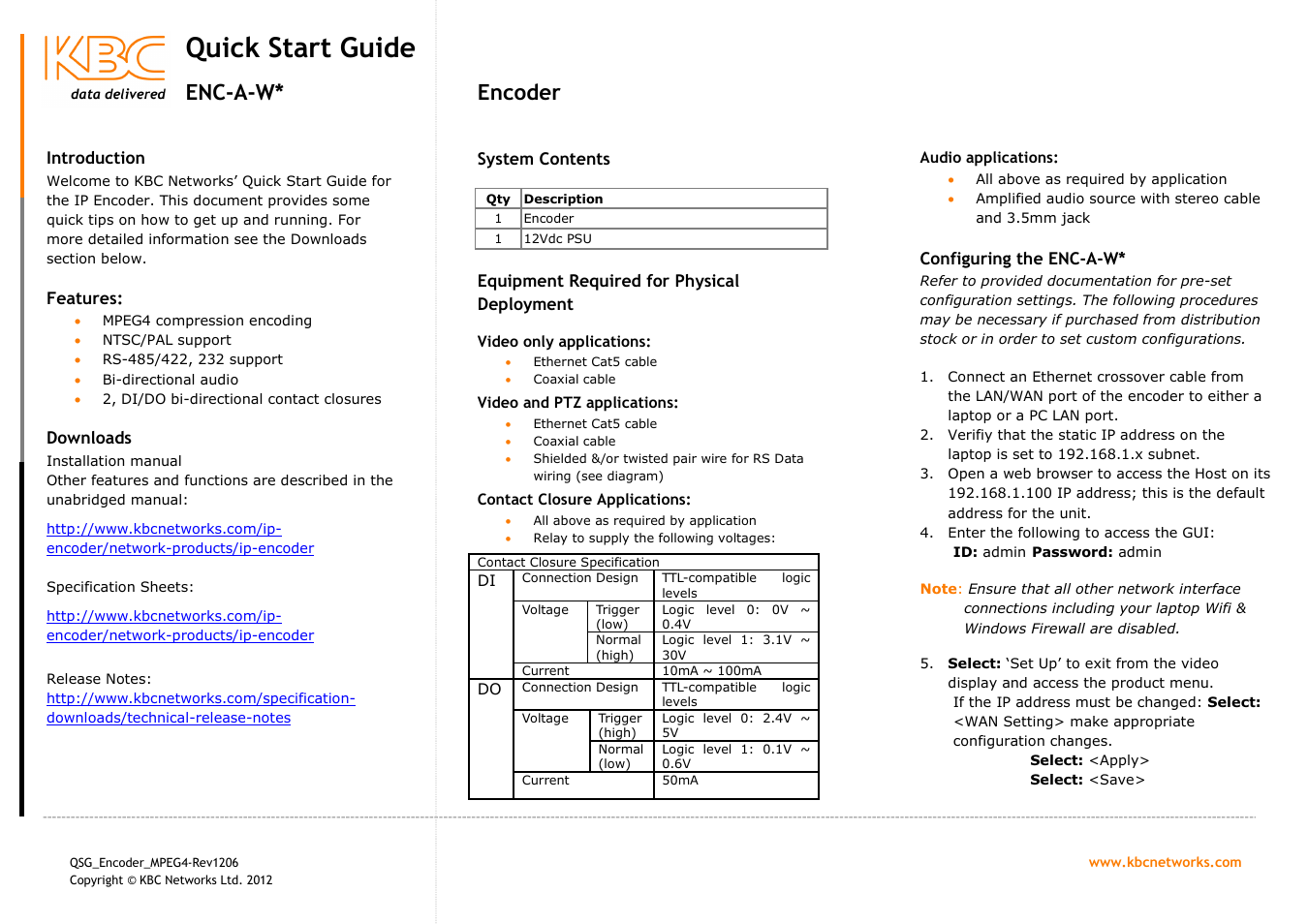 KBC Networks MPEG-4 Encoder User Manual | 2 pages