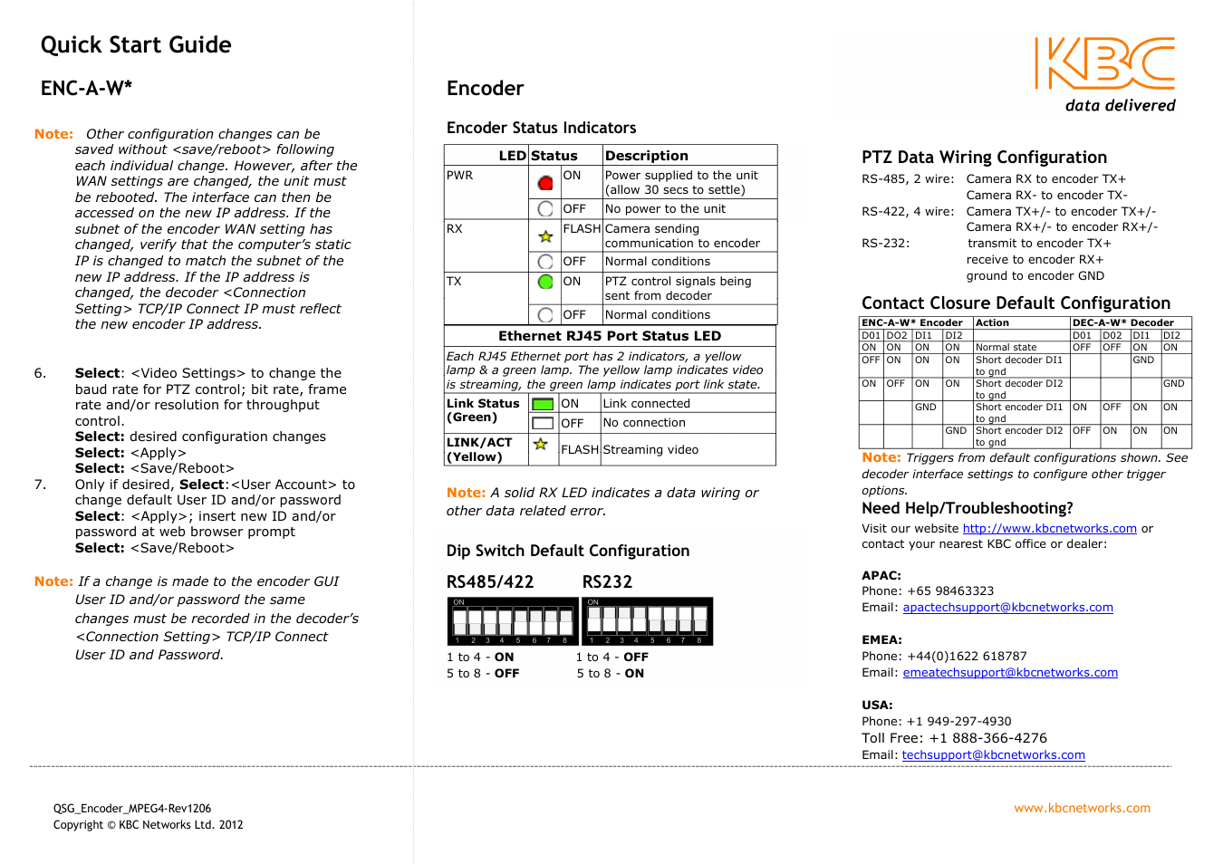 Quick start guide, Enc-a-w, Encoder | KBC Networks MPEG-4 Encoder User Manual | Page 2 / 2