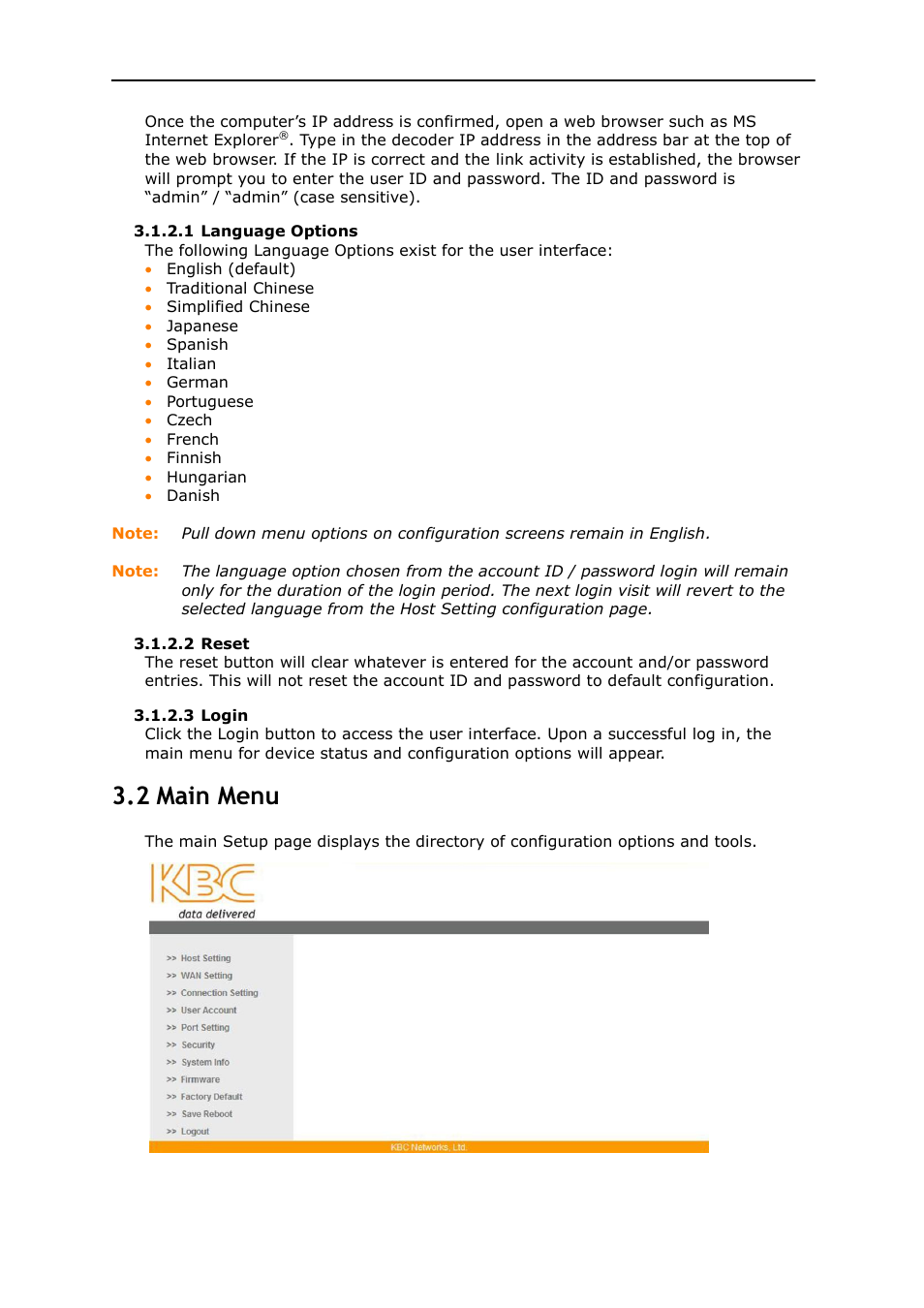 2 main menu | KBC Networks MPEG4 Decoder User Manual | Page 14 / 29