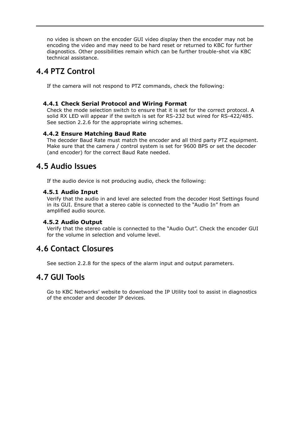 Video related problems, 4 ptz control, 5 audio issues | 6 contact closures, 7 gui tools | KBC Networks MPEG4 Decoder User Manual | Page 23 / 29