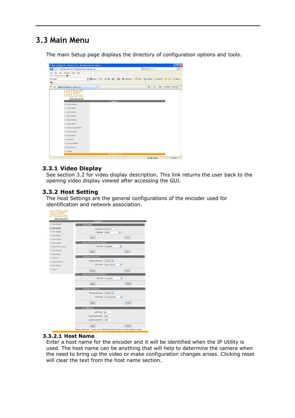 3 main menu | KBC Networks MPEG4 Encoder User Manual | Page 16 / 33