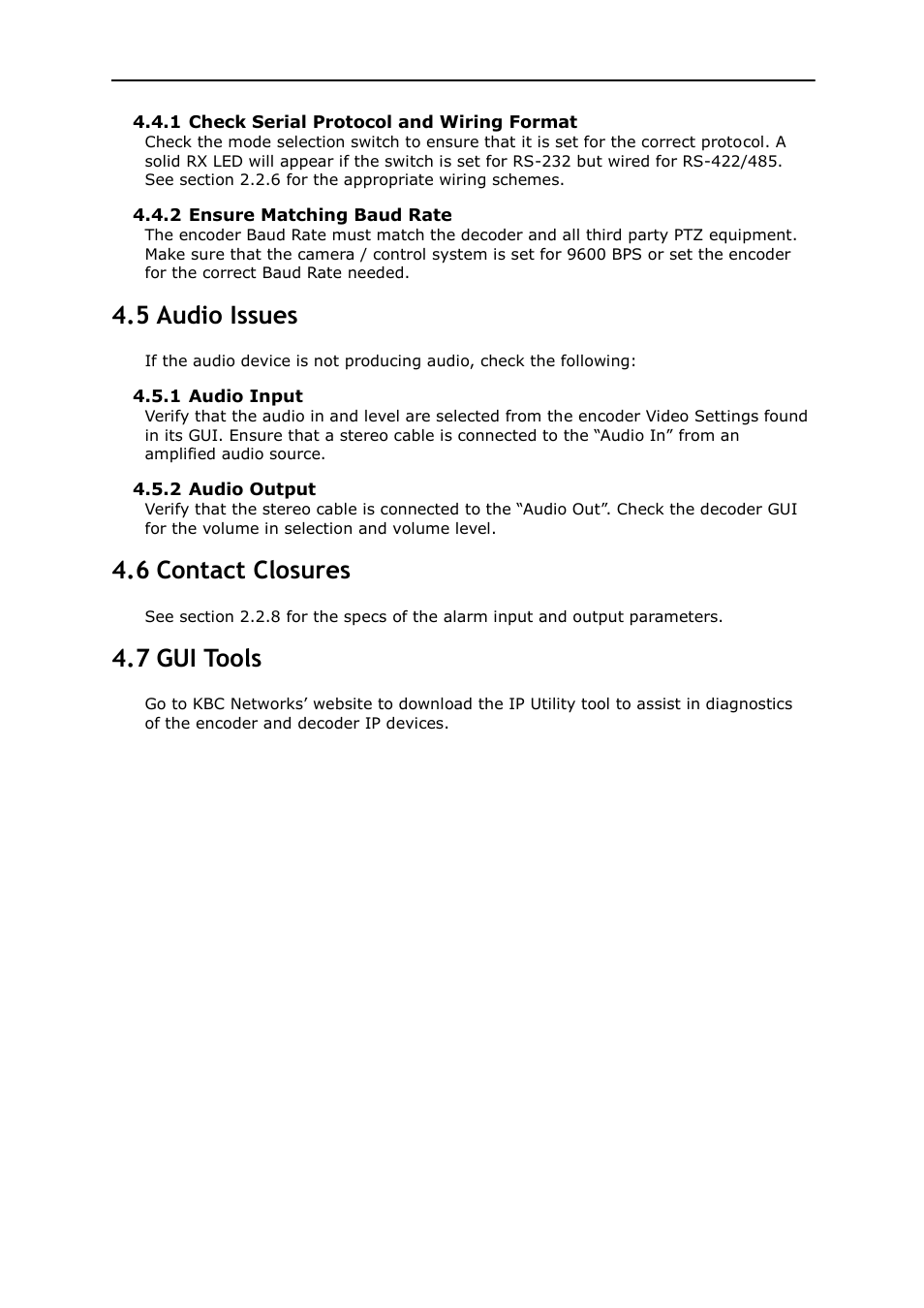 Video related problems, 5 audio issues, 6 contact closures | 7 gui tools | KBC Networks MPEG4 Encoder User Manual | Page 27 / 33