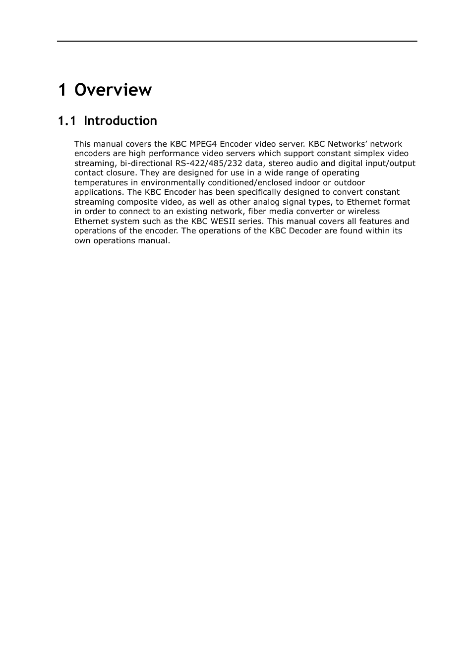 Overview, Introduction, 1 overview | 1 introduction | KBC Networks MPEG4 Encoder User Manual | Page 3 / 33
