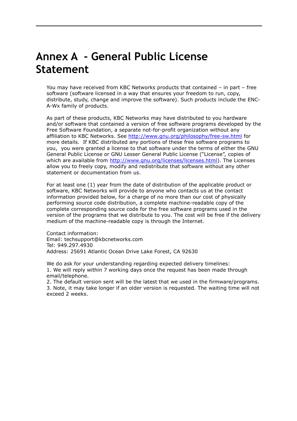 Annex a - general public license statement | KBC Networks MPEG4 Encoder User Manual | Page 32 / 33