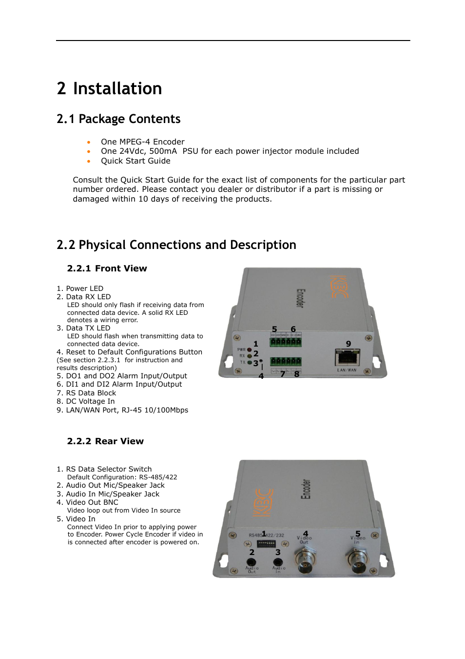 Installation, Package contents, Product deployment | 2 installation, 1 package contents, 2 physical connections and description | KBC Networks MPEG4 Encoder User Manual | Page 6 / 33