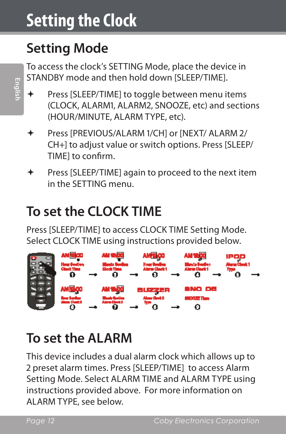 Setting the clock, Setting mode, To set the clock time | To set the alarm | COBY electronic CSMP160 User Manual | Page 12 / 84