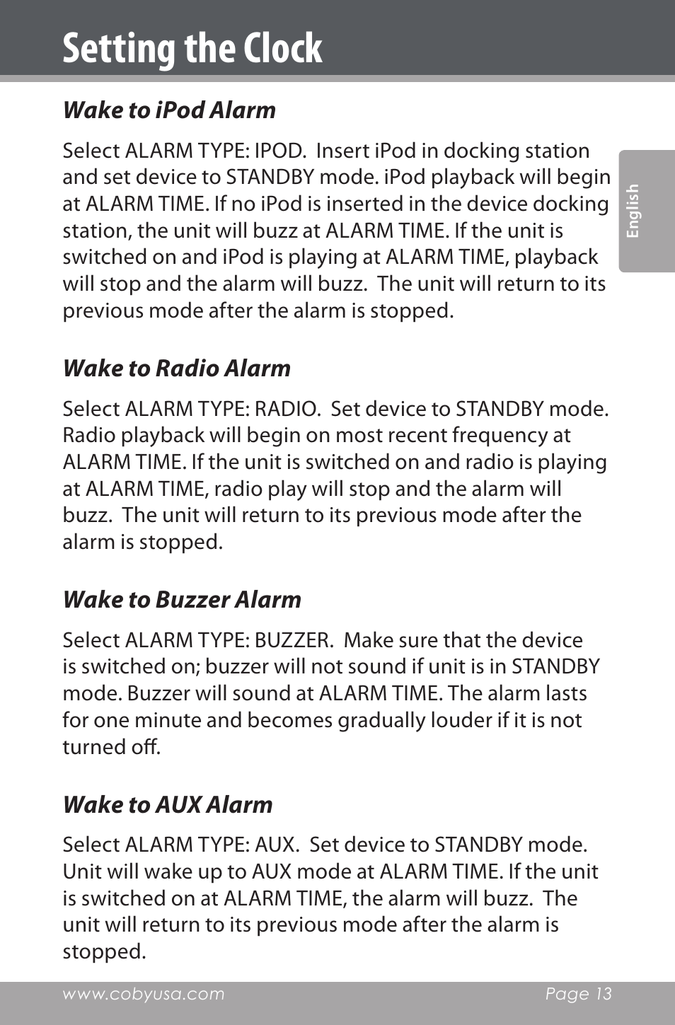 Wake to ipod alarm, Wake to radio alarm, Wake to buzzer alarm | Wake to aux alarm, Setting the clock | COBY electronic CSMP160 User Manual | Page 13 / 84