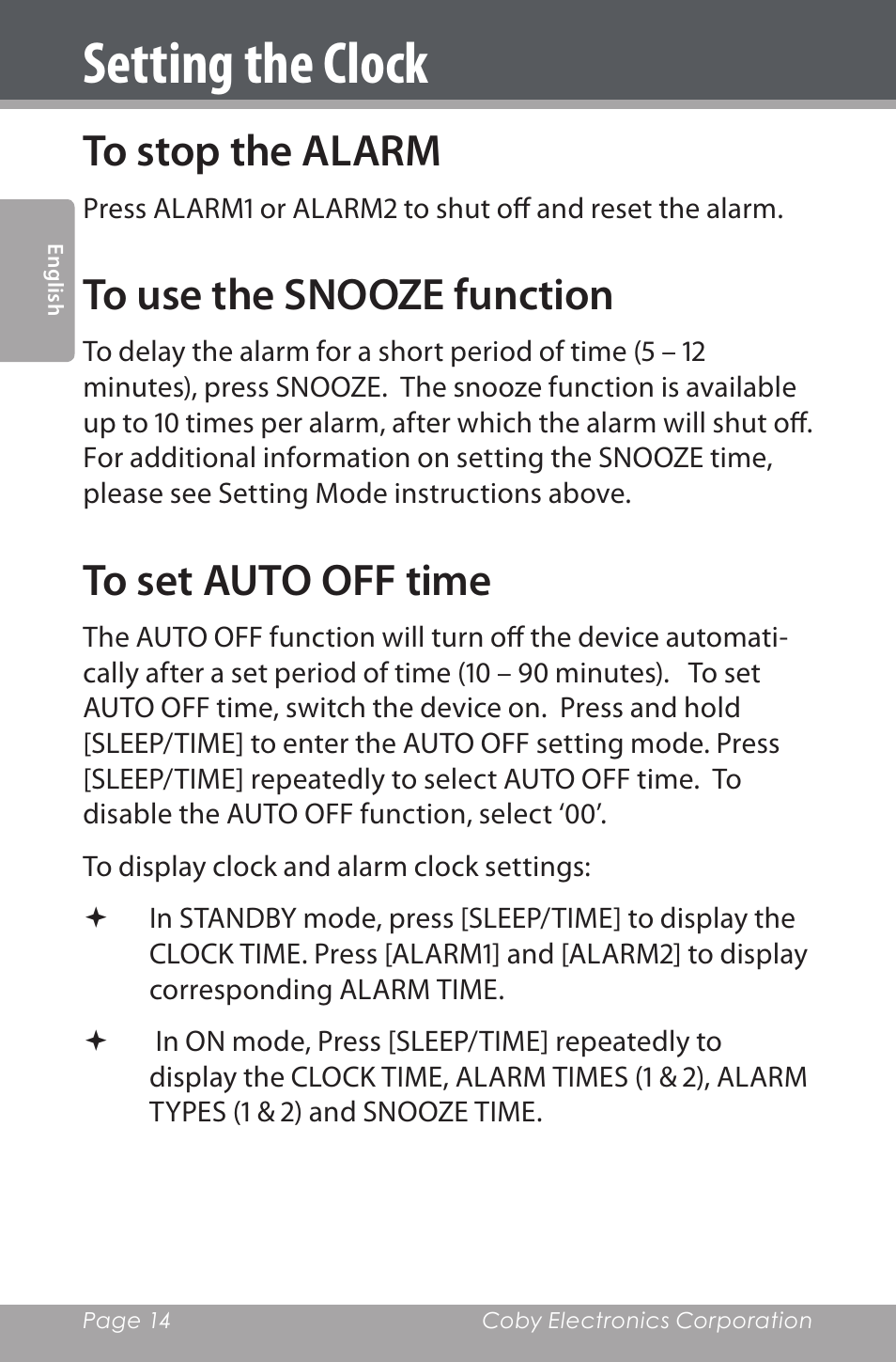 To stop the alarm, To use the snooze function, To set auto off time | Setting the clock | COBY electronic CSMP160 User Manual | Page 14 / 84