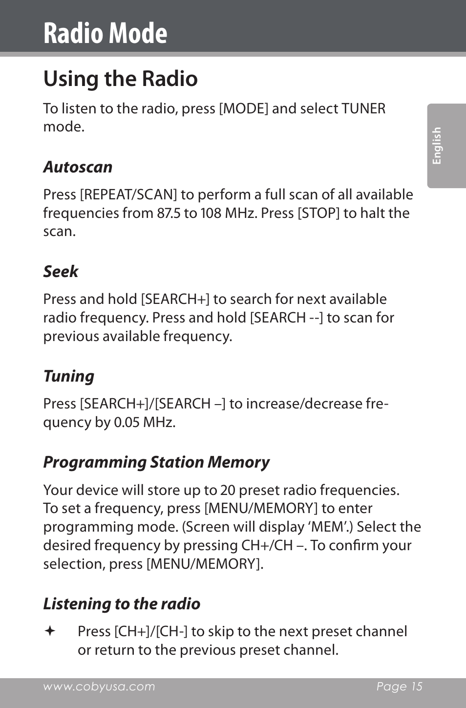 Radio mode, Using the radio | COBY electronic CSMP160 User Manual | Page 15 / 84