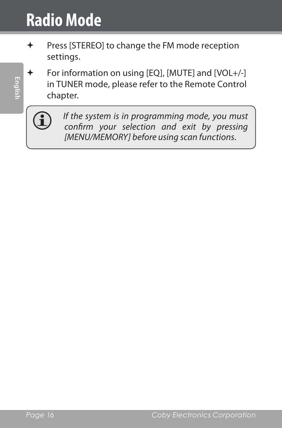 Radio mode | COBY electronic CSMP160 User Manual | Page 16 / 84