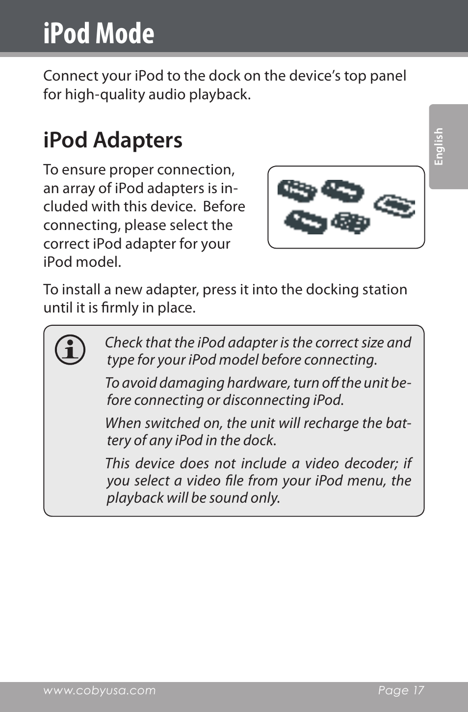 Ipod mode, Ipod adapters | COBY electronic CSMP160 User Manual | Page 17 / 84