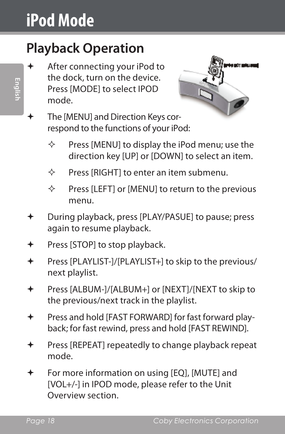 Playback operation, Ipod mode | COBY electronic CSMP160 User Manual | Page 18 / 84