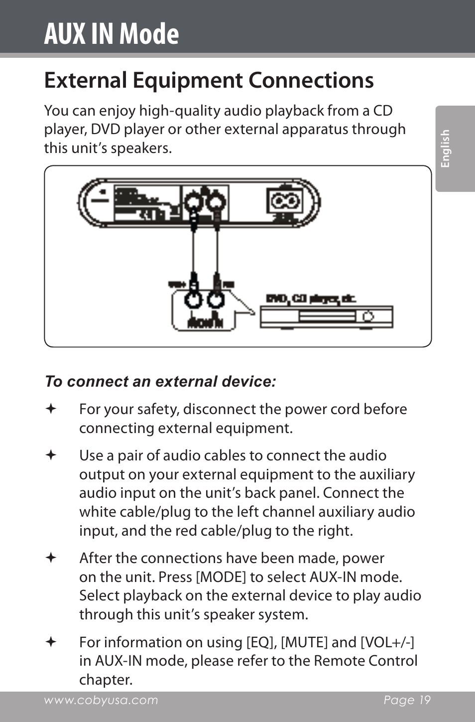 Aux in mode, External equipment connections | COBY electronic CSMP160 User Manual | Page 19 / 84