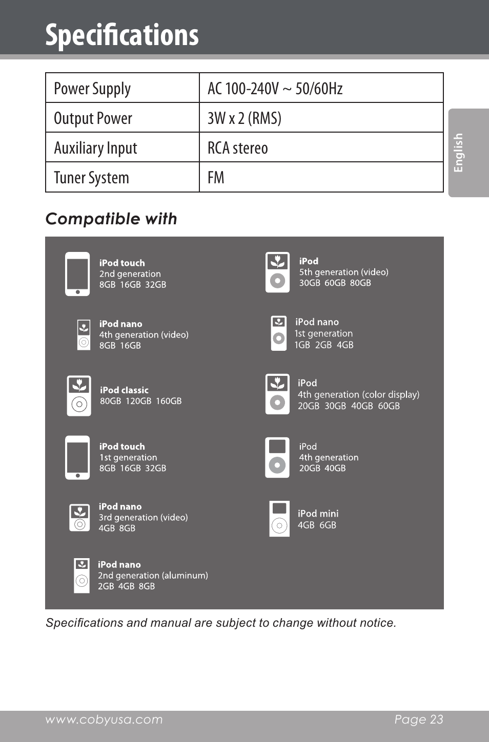 Specifications | COBY electronic CSMP160 User Manual | Page 23 / 84