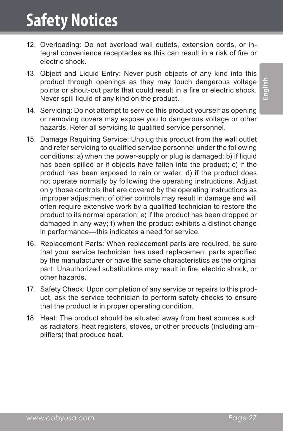 Safety notices | COBY electronic CSMP160 User Manual | Page 27 / 84