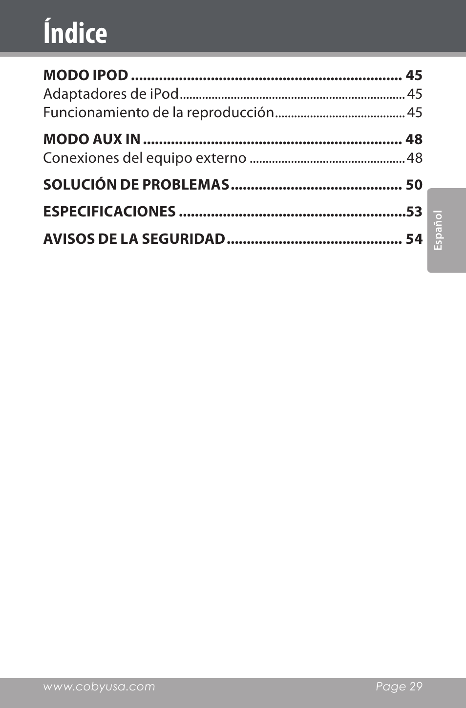 Índice | COBY electronic CSMP160 User Manual | Page 29 / 84