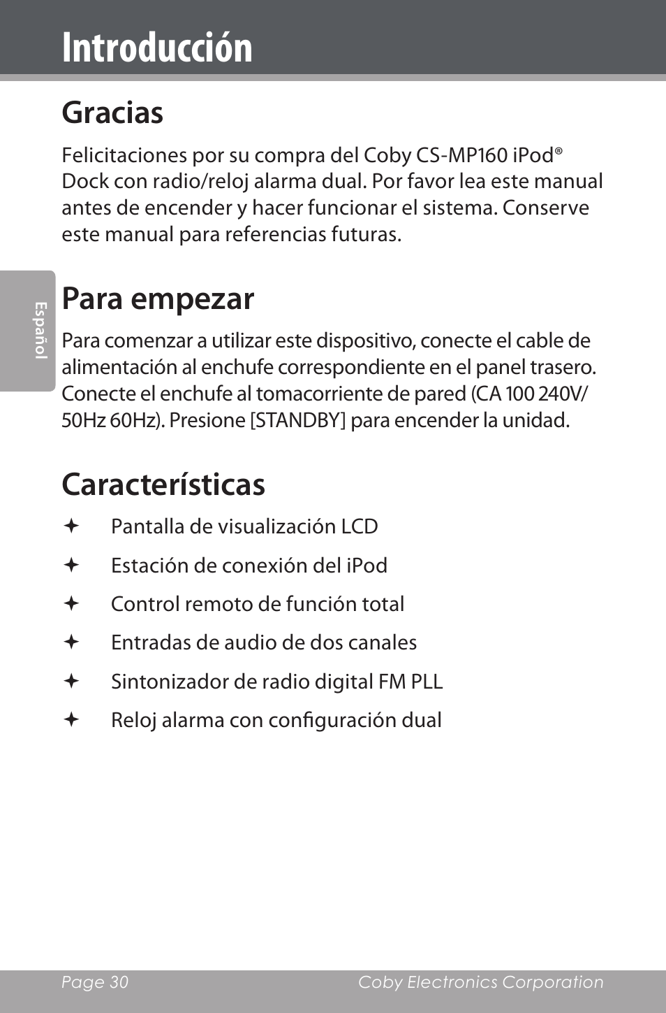 Introducción, Gracias, Para empezar | Características | COBY electronic CSMP160 User Manual | Page 30 / 84