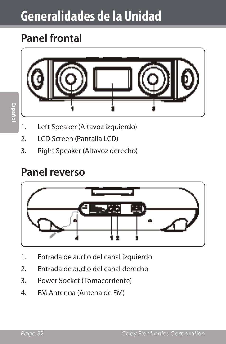 Generalidades de la unidad, Panel frontal, Panel reverso | COBY electronic CSMP160 User Manual | Page 32 / 84