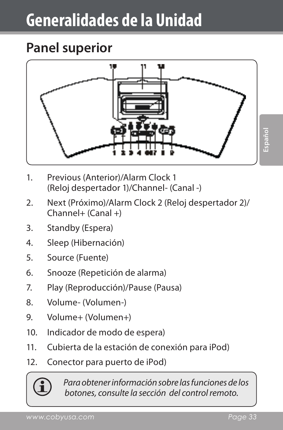 Panel superior, Generalidades de la unidad | COBY electronic CSMP160 User Manual | Page 33 / 84