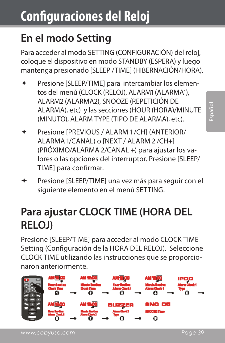 Configuraciones del reloj, En el modo setting, Para ajustar clock time (hora del reloj) | COBY electronic CSMP160 User Manual | Page 39 / 84