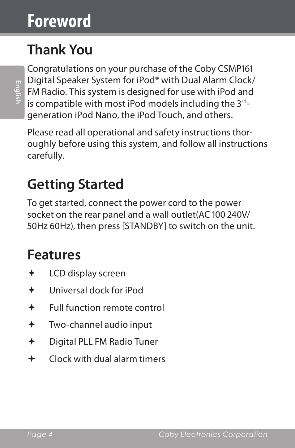 Foreword, Thank you, Getting started | Features | COBY electronic CSMP160 User Manual | Page 4 / 84