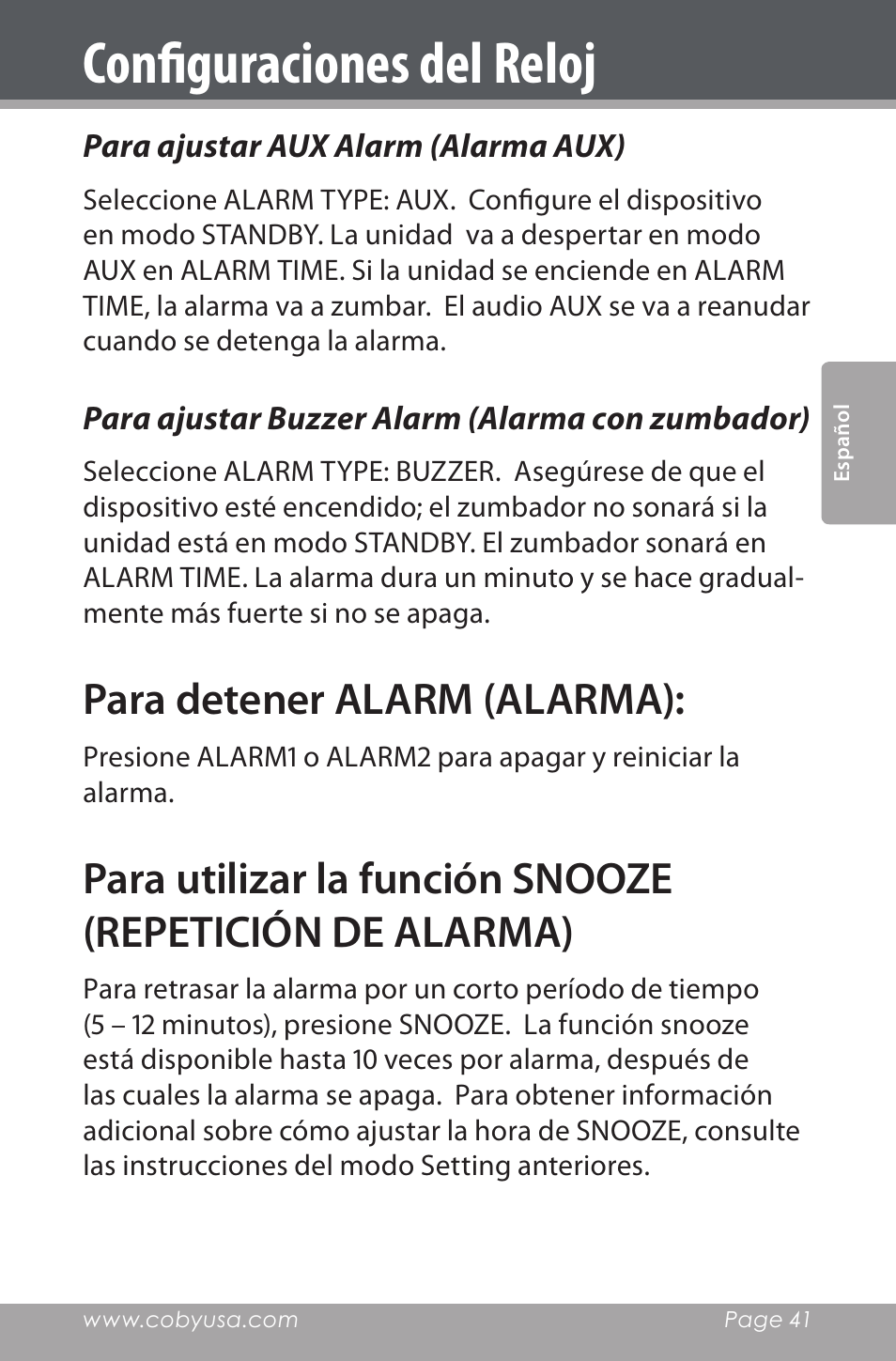 Para ajustar aux alarm (alarma aux), Para ajustar buzzer alarm (alarma con zumbador), Para detener alarm (alarma) | Configuraciones del reloj | COBY electronic CSMP160 User Manual | Page 41 / 84