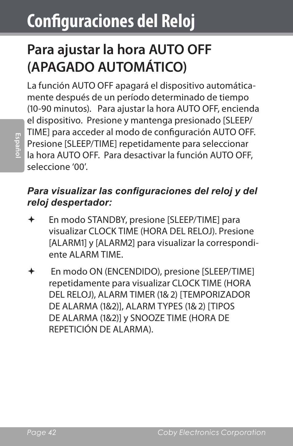 Para ajustar la hora auto off (apagado automático), Configuraciones del reloj | COBY electronic CSMP160 User Manual | Page 42 / 84