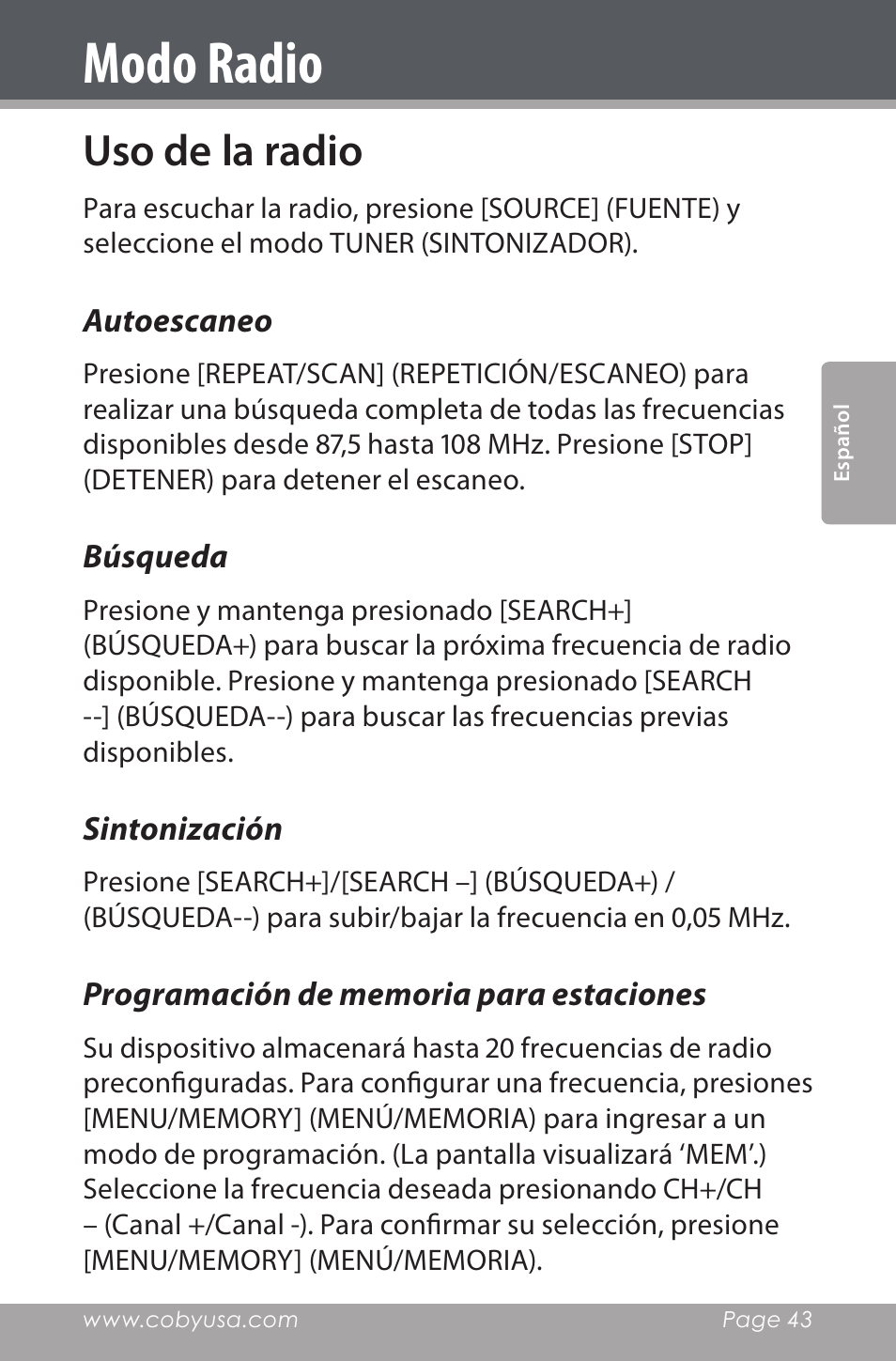 Modo radio, Uso de la radio, Autoescaneo | Búsqueda, Sintonización, Programación de memoria para estaciones | COBY electronic CSMP160 User Manual | Page 43 / 84