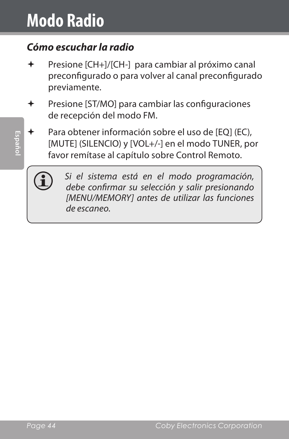 Modo radio, Cómo escuchar la radio | COBY electronic CSMP160 User Manual | Page 44 / 84