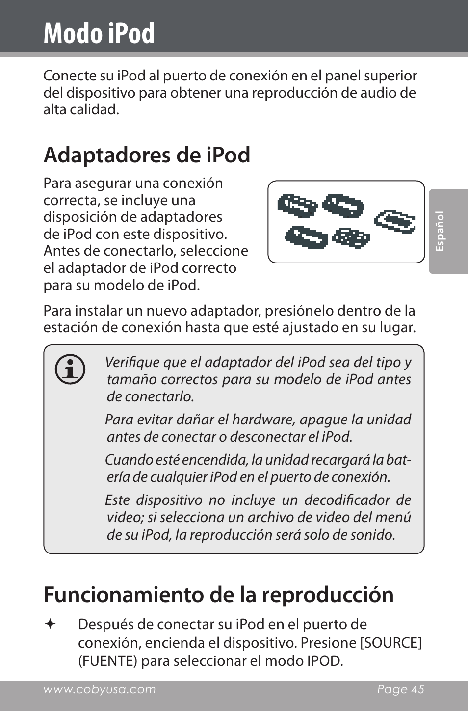 Modo ipod, Adaptadores de ipod, Funcionamiento de la reproducción | COBY electronic CSMP160 User Manual | Page 45 / 84