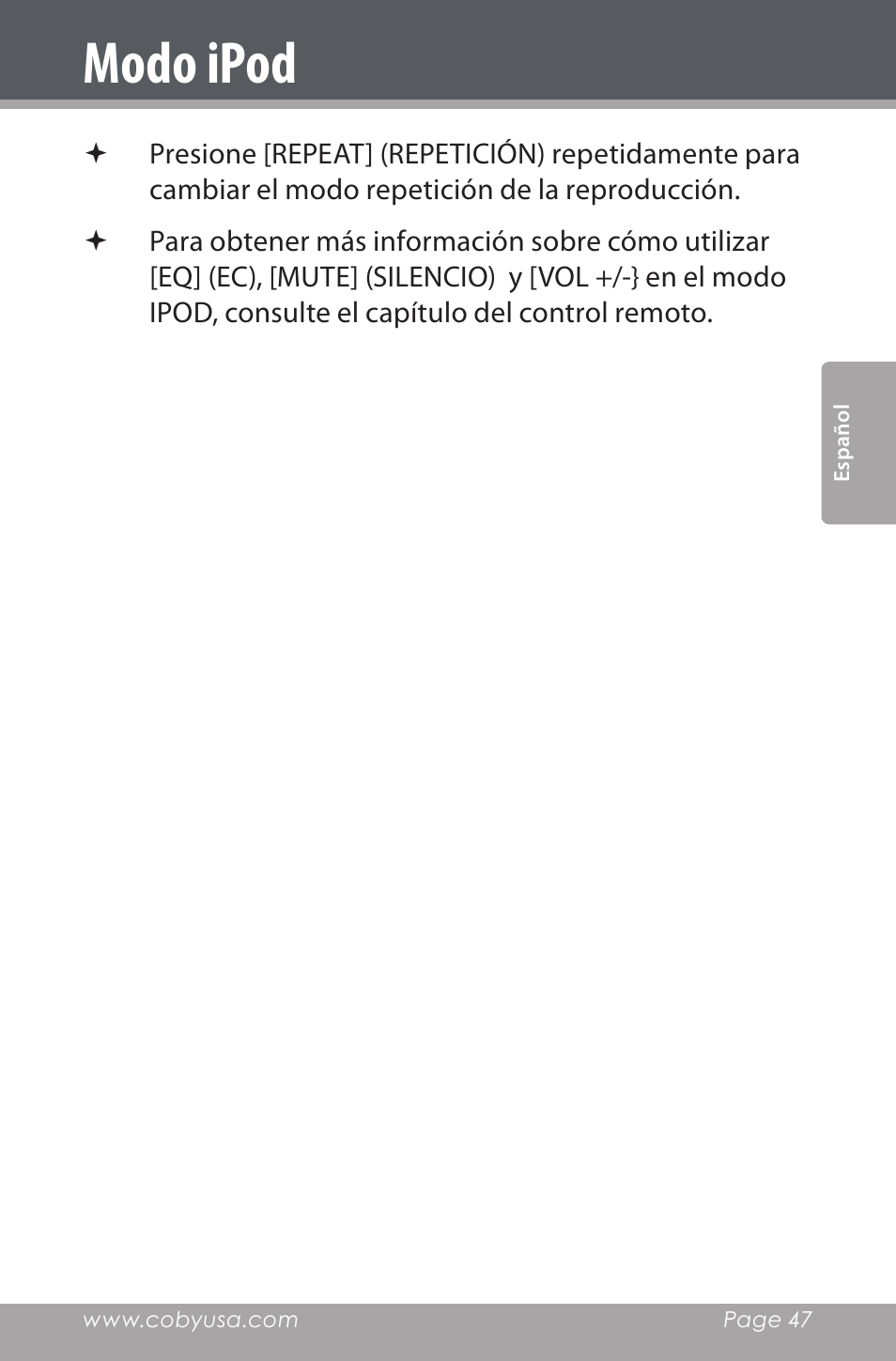 Modo ipod | COBY electronic CSMP160 User Manual | Page 47 / 84