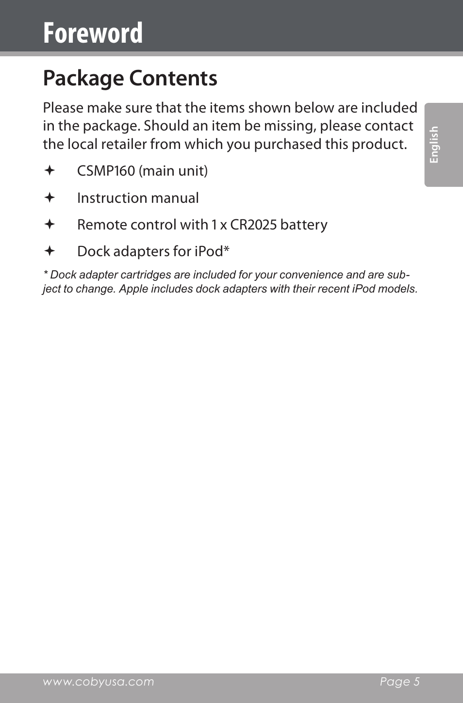 Package contents, Foreword | COBY electronic CSMP160 User Manual | Page 5 / 84