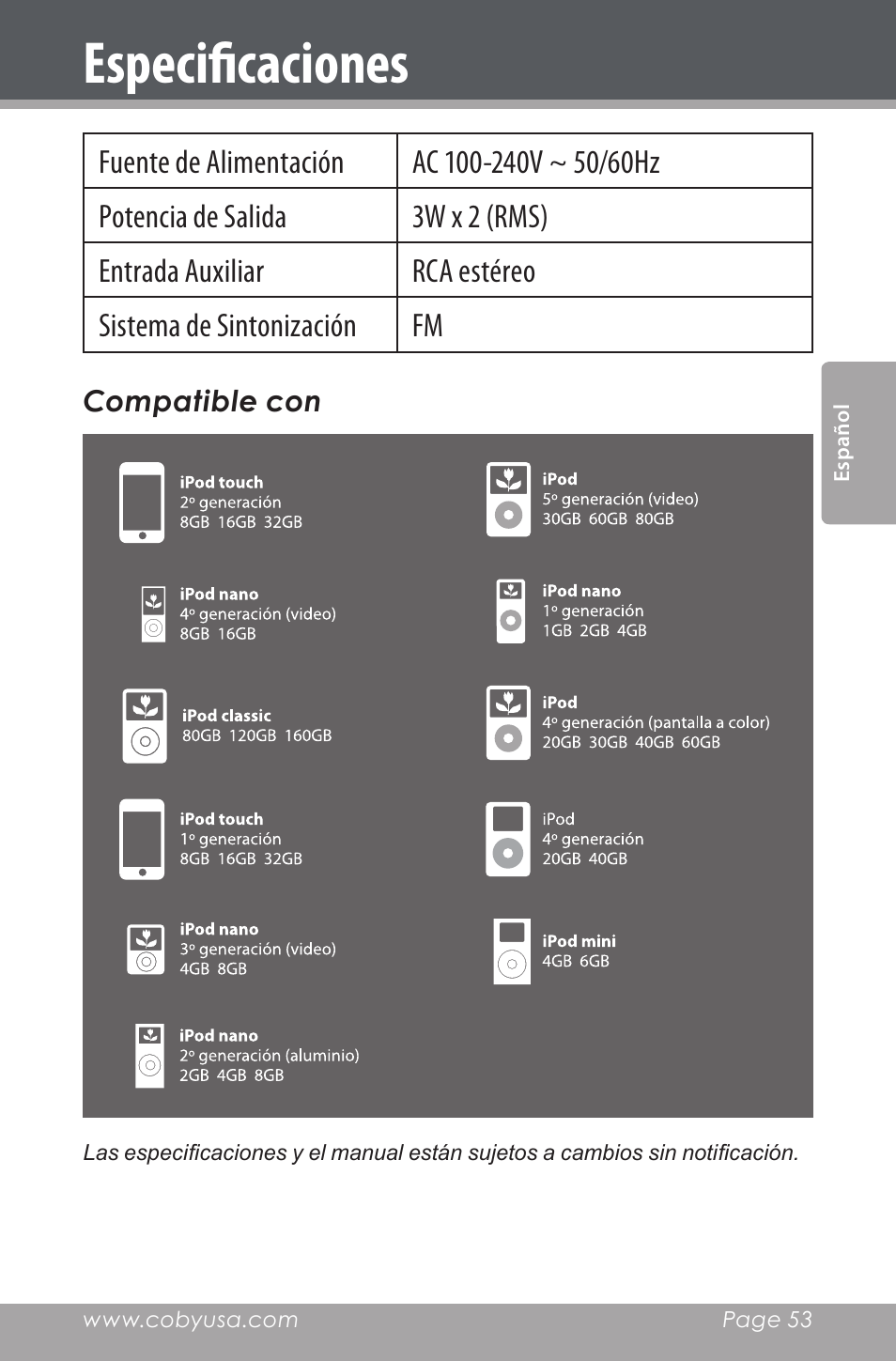 Especificaciones | COBY electronic CSMP160 User Manual | Page 53 / 84