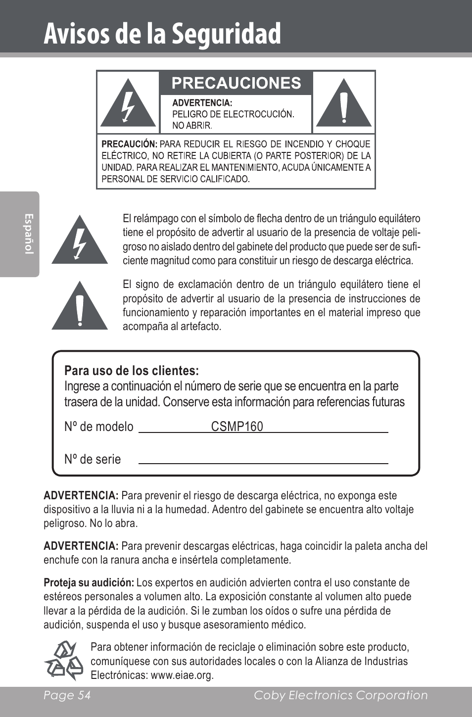 Avisos de la seguridad | COBY electronic CSMP160 User Manual | Page 54 / 84