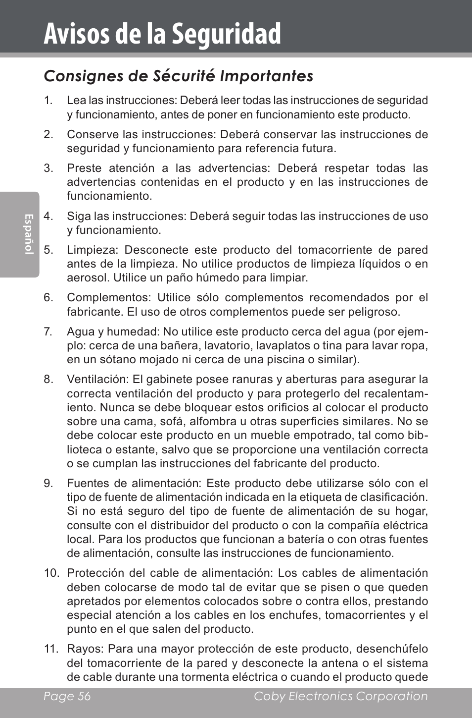 Avisos de la seguridad, Consignes de sécurité importantes | COBY electronic CSMP160 User Manual | Page 56 / 84