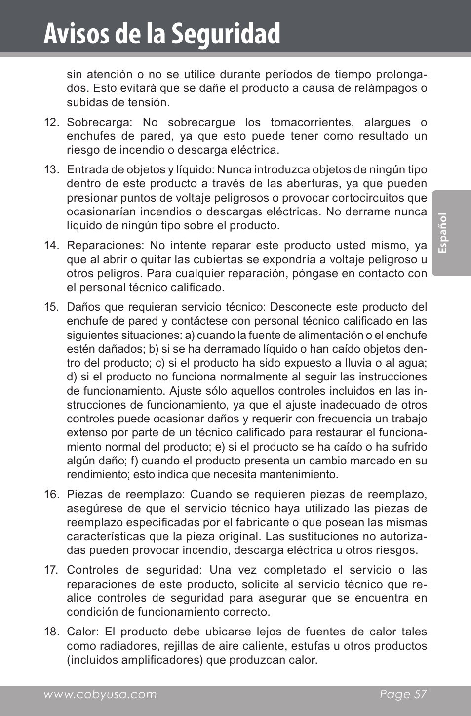 Avisos de la seguridad | COBY electronic CSMP160 User Manual | Page 57 / 84