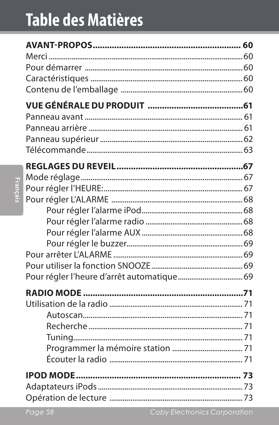 COBY electronic CSMP160 User Manual | Page 58 / 84