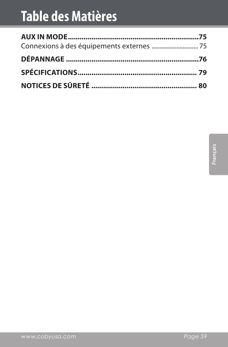 COBY electronic CSMP160 User Manual | Page 59 / 84