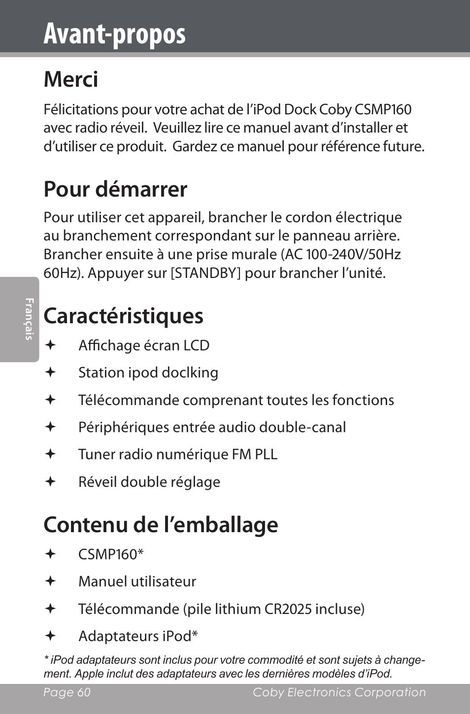 Avant-propos, Merci, Pour démarrer | Caractéristiques, Contenu de l’emballage | COBY electronic CSMP160 User Manual | Page 60 / 84
