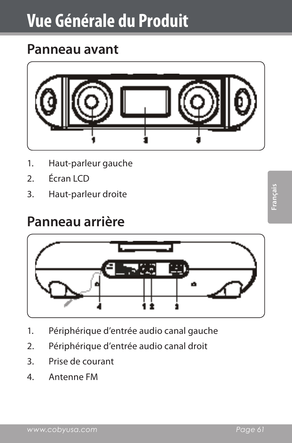 Vue générale du produit, Panneau avant, Panneau arrière | COBY electronic CSMP160 User Manual | Page 61 / 84