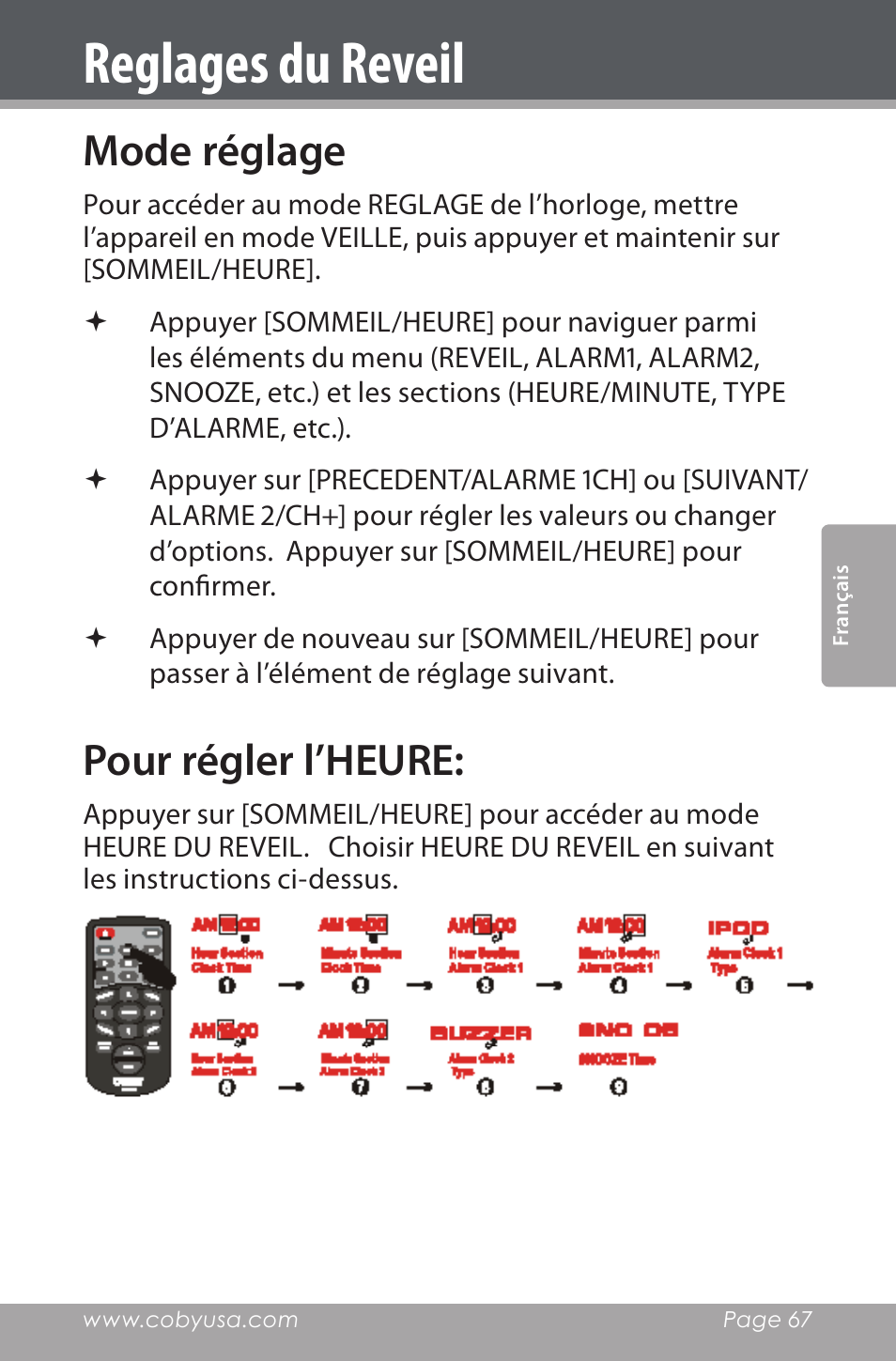 Reglages du reveil, Mode réglage, Pour régler l’heure | COBY electronic CSMP160 User Manual | Page 67 / 84