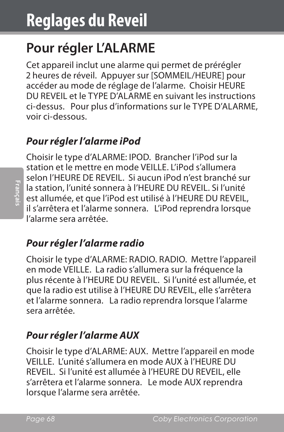 Pour régler l’alarme, Pour régler l’alarme ipod, Pour régler l’alarme radio | Pour régler l’alarme aux, Reglages du reveil | COBY electronic CSMP160 User Manual | Page 68 / 84