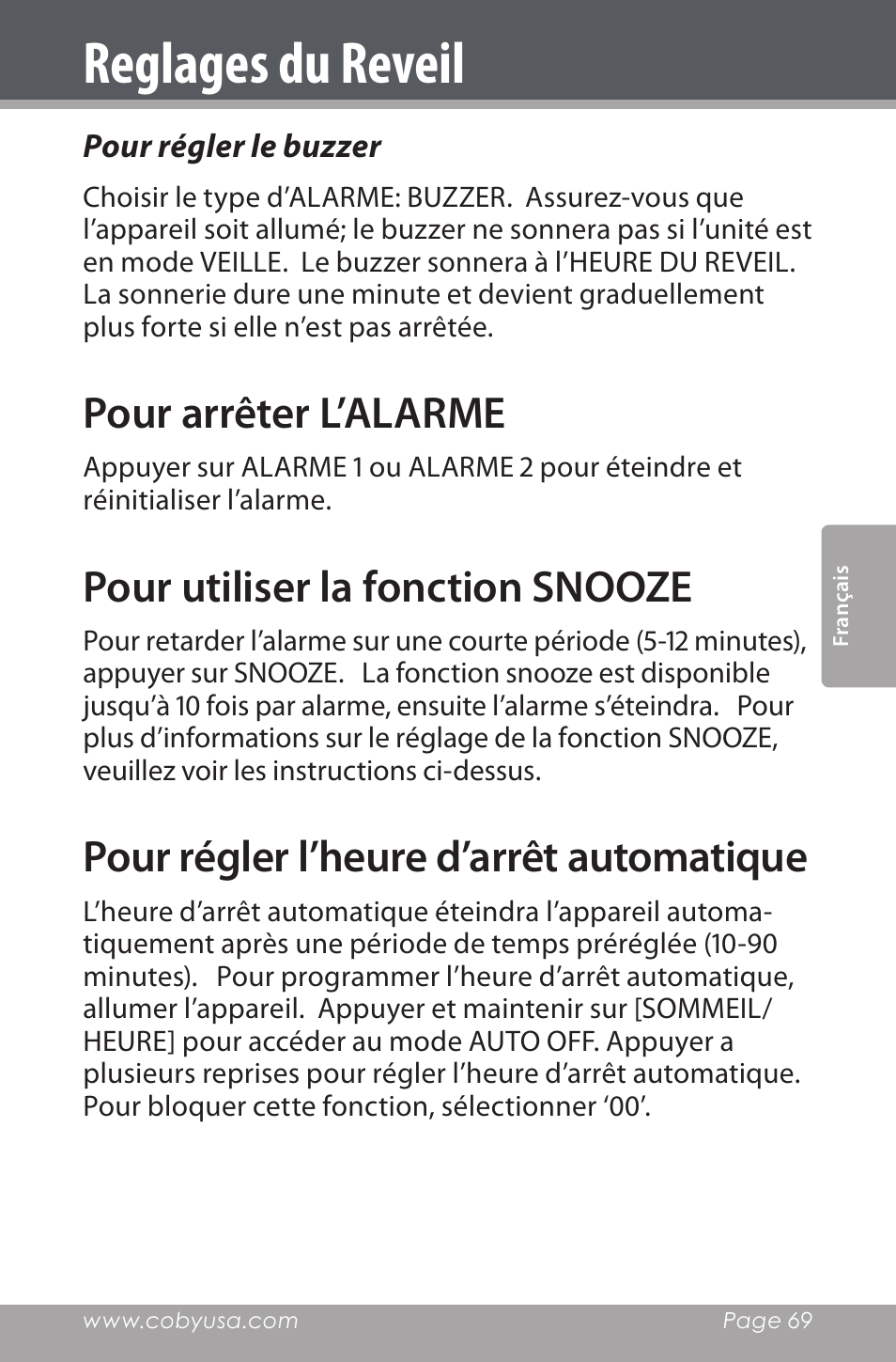 Pour régler le buzzer, Pour arrêter l’alarme, Pour utiliser la fonction snooze | Pour régler l’heure d’arrêt automatique, Reglages du reveil | COBY electronic CSMP160 User Manual | Page 69 / 84