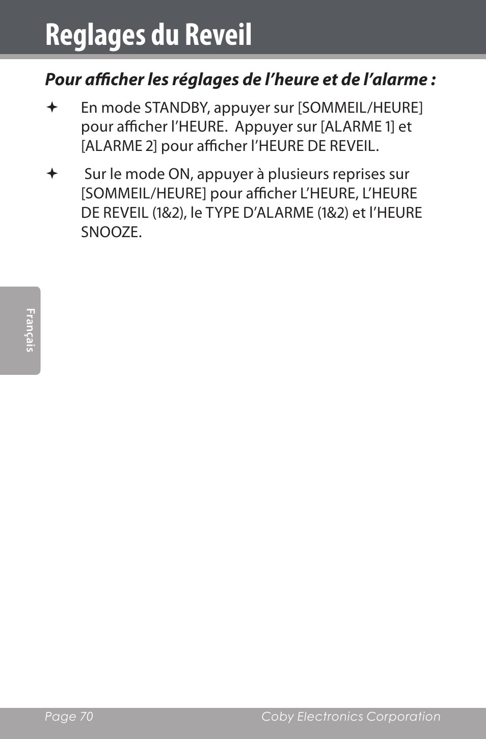 Reglages du reveil | COBY electronic CSMP160 User Manual | Page 70 / 84