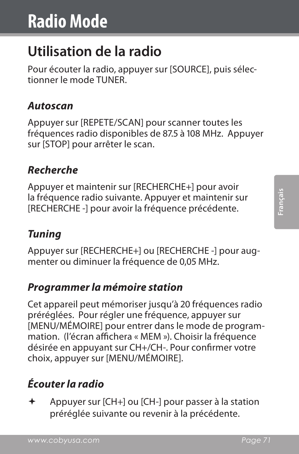 Radio mode, Utilisation de la radio, Autoscan | Recherche, Tuning, Programmer la mémoire station, Écouter la radio | COBY electronic CSMP160 User Manual | Page 71 / 84