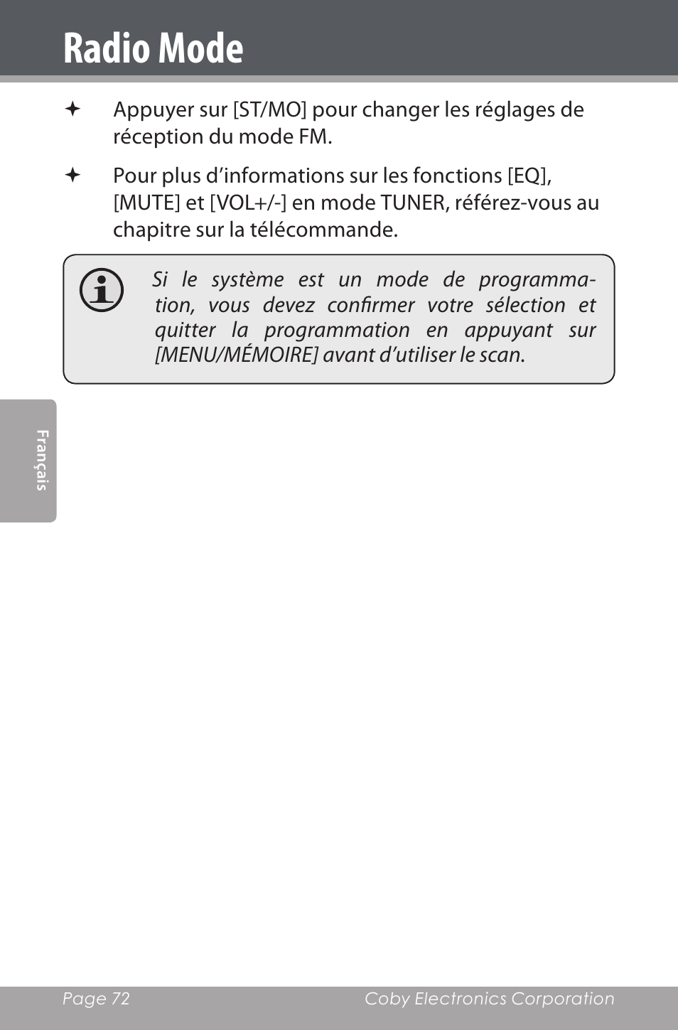 Radio mode | COBY electronic CSMP160 User Manual | Page 72 / 84