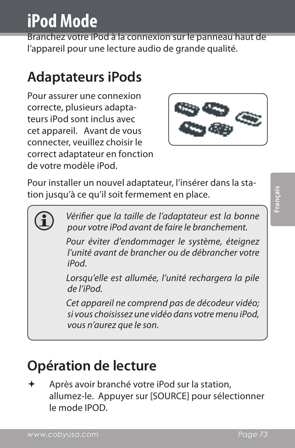 Ipod mode, Adaptateurs ipods, Opération de lecture | COBY electronic CSMP160 User Manual | Page 73 / 84