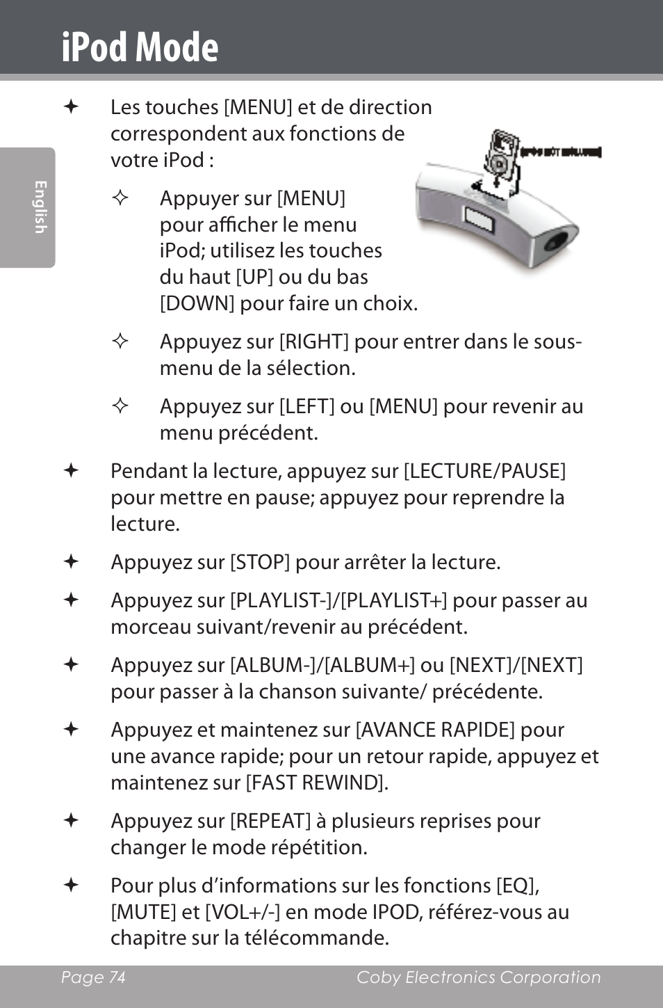 Ipod mode | COBY electronic CSMP160 User Manual | Page 74 / 84